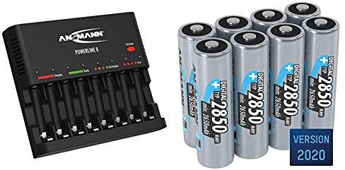 ANSMANN Akku-Ladegerät zum Laden & Entladen von 8X AA/AAA NiMH Akkus - 8-Fach Batterieladegerät mit Einzelschachtüberwachung - Powerline 8 & Akku AA Typ 2850 mAh (min. 2650 mAh) NiMH 1,2 V (8 Stück)