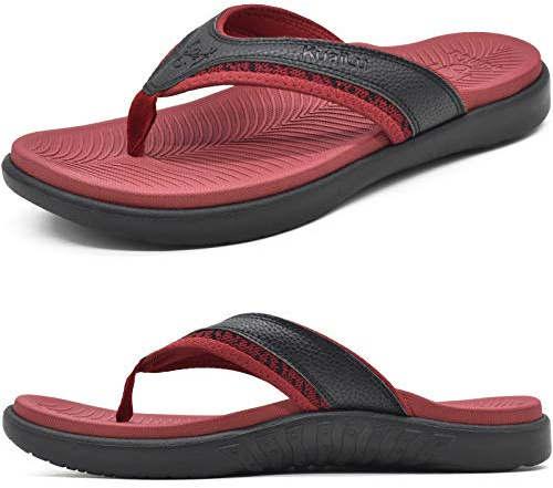 KuaiLu Men's Orthopaedic Sandals with Comfort Arch Support, Stylish Flip Flops for Men with Soft Yoga Mat Insole, Non-Skid Sporty Bottom, Size 9 Red Black
