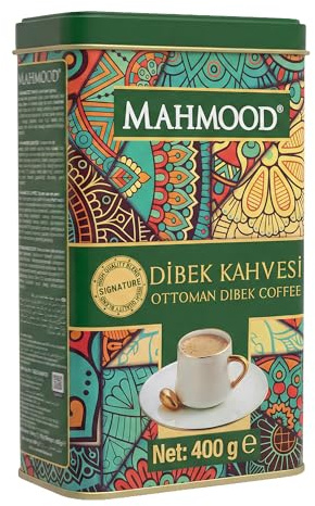 Mahmood Café Dibek Traditionnel, Mélange avec Pistache Sauvage et Caroube, Moulu, Crémeux et Aromatique, Boîte en Métal, 400g