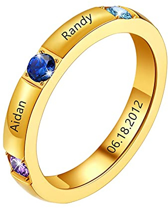 U7 Damen Herren personalisierte Geburtsstein Ring Edelstahl/18k vergoldet Verlobungsring Freundschaftsring mit Name Gravur Ring Schmuck Geschenk für Mutter Tochter BFF