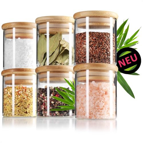 Robin Goods® 6x Vorratsglas mit Bambus-Deckel 200ml - Vorratsgläser für Gewürze aus verstärktem Borosilikatglas - luftdichte Aufbewahrungsgläser - Mehrweg-Runddose 0,2L (06 Stück - 200ml)