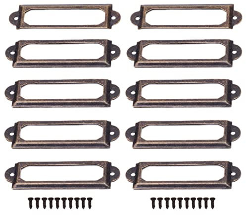 Cadre D'étiquette Rétro 10Pcs Porte-étiquettes en Bronze Antique Cadre en Métal Cadre Étiquette de Nom Vintage Carte d'étiquette pour Meubles Tiroirs Armoires Classeurs (60x18mm)