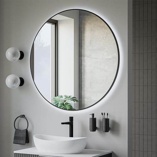 BERNSTEIN® LED Badezimmerspiegel 8232 2.0 rund Leichtmetallrahmen in Schwarz Wandmontage, Warm-/Kaltlichteinstellung Wandspiegel mit Digitaluhr und Spiegelheizung, Spiegel mit Aluminiumrahmen Ø 100cm