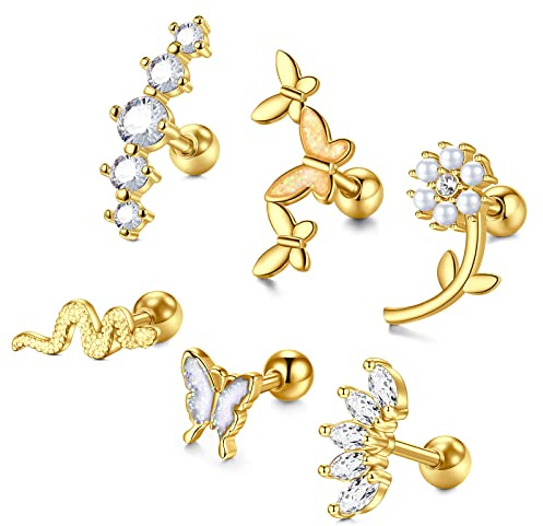 Longita Tragus Ohrstecker Piercing Chirurgenstahl 16G Schmetterling Schlange Helix Piercing Ohr für Damen Conch Piercing Stecker 6MM Gold