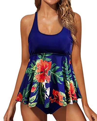 JFAN Maillot de Bain Femme 2 Pieces Tankini à Volants Haut Tankini et Bas Maillots Ventre Plat Imprimé Navy XL