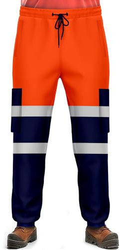 NOROZE Mens Hi Vis Trousers Work Utility & Safety Trousers with Reflective Tape |Two Tone High Visibility Jogging Bottoms, Combat Side Pocket Overtrousers, Lightweight (M, Style 4: Neon Orange/Navy)