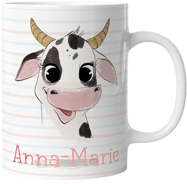 timalo® Tasse Tiere mit Namen personalisiert | Motiv Kuh Kindertasse mit Wunschname für Kinder Geschenk zur Einschulung, Weihnachten, Nikolaus | mug-t-46