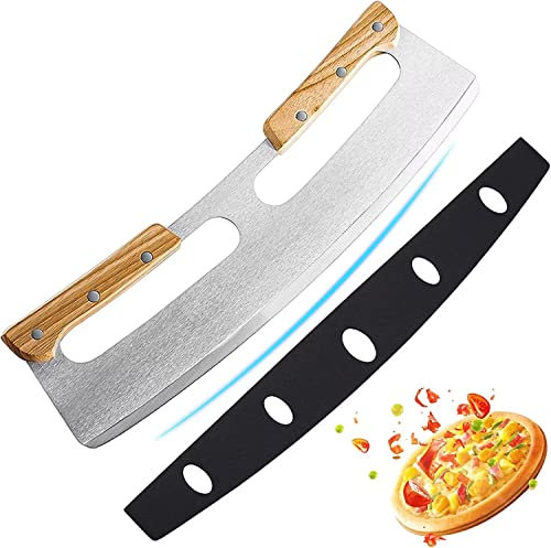 Norhogo Coltello per pizza, in acciaio inox, con manico in legno e copertura protettiva in acciaio inox, 35 cm, taglio uniforme professionale