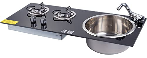 RV Gas Stove Cooker, 2 Burners Gas Stove Hob and Sink Combo High Gas Cooktop Gas Stove Cooker, for RV Caravan, Camping, Boating Bar Hand Sink