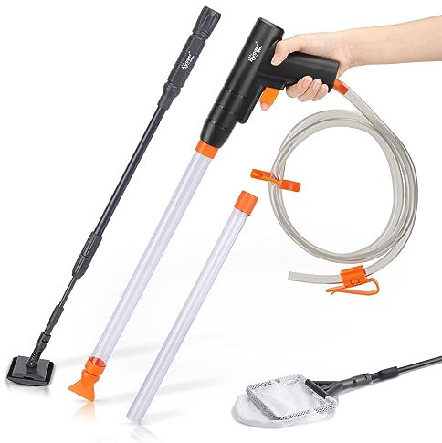hygger Aquarium Kiesreiniger Set, Fischnetz Aquarium Reinigungs Bürste, Aquarium Mulmsauger Wasserwechsler Sandreiniger, Aquarium Siphon Staubsauger mit Wasserschlauch Controller Klemme