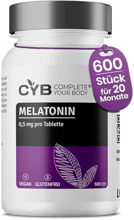 Melatonin Tabletten 600 Tabletten 0,5mg pro Tablette CYB | Melatonin Hochdosiert, Langfristige Melatonin-Versorgung, 100% Vegan, Laborgeprüft, Alternative zu Einschlafspray