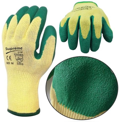 SupremeTTF 24 Pairs LATEX COATED Palm Green Yellow Safety Work Gloves For Builders Gardening Grip (M [8])