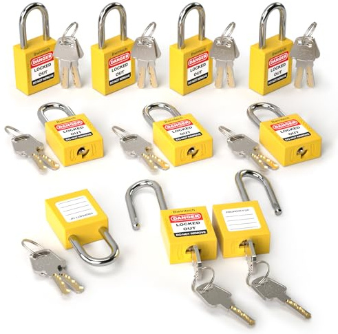 Bwintech 10 Stück 38MM verschlüsselt verschiedene gelb Sicherheitsvorhängeschloss Lockout Tagout Schloss für Lock Out Tag Out Stationen und Geräte