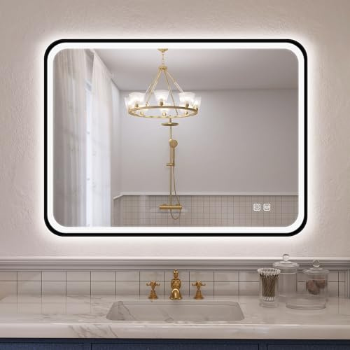 S'bagno Bathroom Mirror with LED Lights 600x800 mm, Black Aluminum Frame | LED Bathroom Mirror, Anti-Fog, 3000/4000/6500K, Dimmable, Memory, Toughened Glass, IP44 Waterproof, Portrait/Landscape