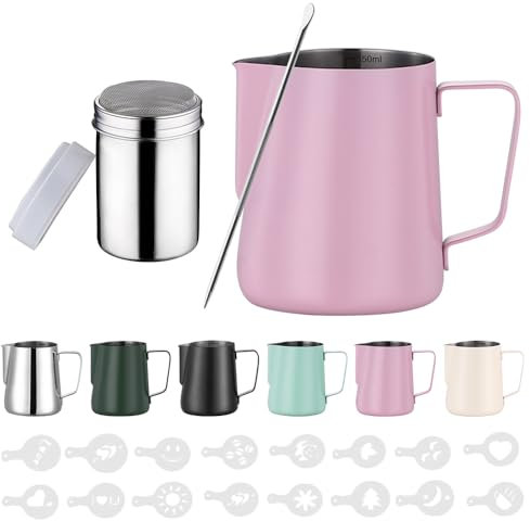 Zuquik 350ml Milchkännchen Edelstahl, Milchkanne Barista mit Messung Mark 12oz,Milchschaumkännchen mit Kakaostreuer, 16 Latte Art Schablonen & Pen für Cappuccino und Espresso, Hellgrün