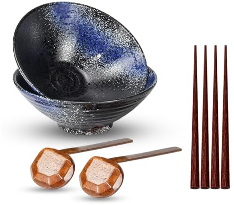 2 Pcs Ceramic Ramen Noodle Bowls with 2 Spoon, 4 Chopstick | Japanese Dinnerware Party Bowl Set for Cereal, Soup, Food, Fruit, Salad, Pasta, Gift (Blue)