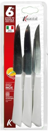Kasaviva Coltelli da Bistecca, Set di 6pz per Tavola, ideali anche per Carne e Pizza, Lama in Acciaio Inox, Manico Indeformabile (1, Bianchi), 164986