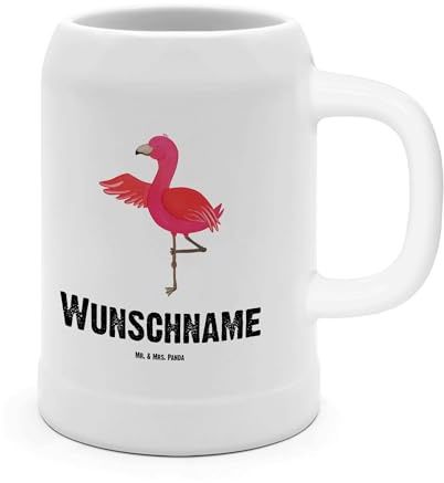 Mr. & Mrs. Panda Personalisierter Krug Flamingo Yoga - Personalisierte Geschenke, Meditieren, Bierkrug, Steinkrug, personalisiert, Personalisierbarer, Rosa, Namaste, Mit Namen, Yogi