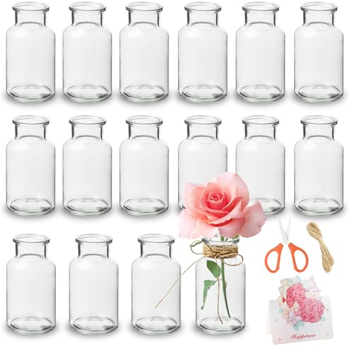 YlYADl Kleine Glasvasen Set, 16 Stück für Tischdeko Hochzeit, Deko Vasen Mit 30m Juteschnur, 12.5cm Hoch Vintage Blumenvase