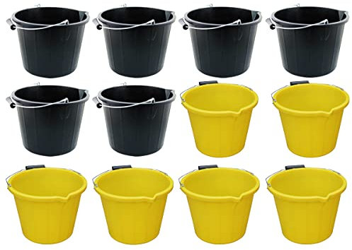 [6 x BLACK+ 6 x YELLOW] - Heavy Duty Plastic Bucket with Handle, 3 Gallon (14 Litre) Household Bucket with Spout and Easy Grip Handle, Multipurpose Water Bucket For Cleaning and Gardening.