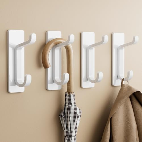 Josmimic Self Adhesive Hooks, Sticky Hooks Extra Sturdy, Hanging up to 6KG, Metal Stainless Heavy Duty Stick on Wall Door, for Towel Coat Hat Purse in Bathroom Shower, White, 4 Pack