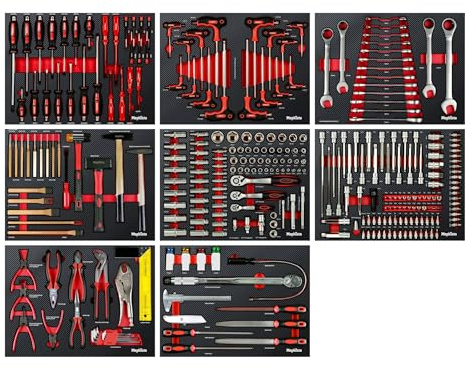 Mephisto 8 Werkzeugeinlagen mit Werkzeug wie Ratschen- Set | Steckschlüssel, Schraubendreher, Hammer, Ring-Ratschen, Sprengringzangen, Feilen, metrisch, in Soft Inlays in Carbon Lock