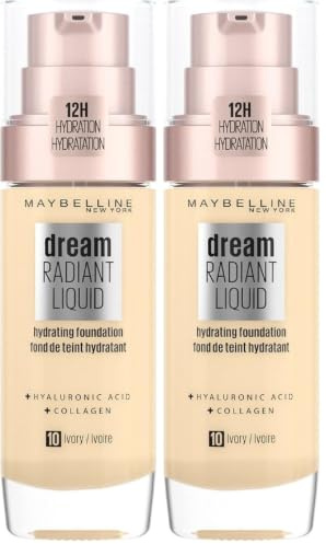 Maybelline New York Dream Radiant Liquid Tono 10 Ivory Base De Maquillaje Hidratante Con Ácido Hialurónico Y Cólageno, Para Pieles De Tono Claro - 30Ml (Paquete de 2)