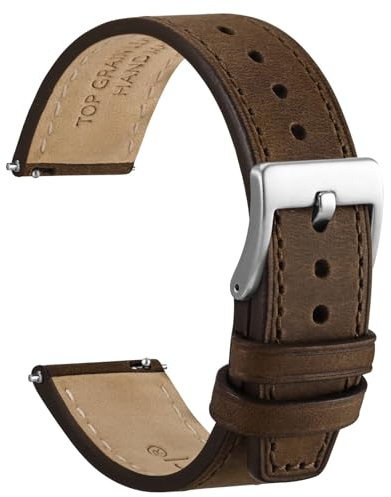 WOCCI 22mm Elite Uhrenarmband, Top Grain Leder, Schnellverschluss, Silberne Schnalle (Dunkelbraun)