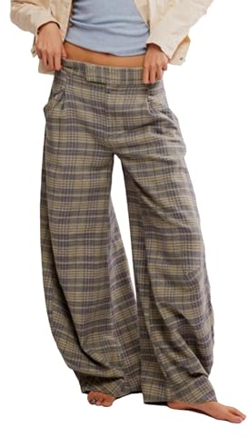 Kedera Damen-Hose, Vintage-Schottenkaro, weites Bein, hohe Taille, Baggy-Hose, leger, Business-Arbeitshose