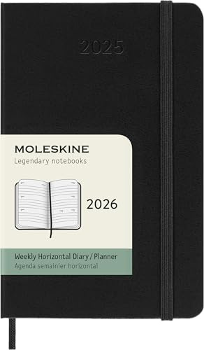 Moleskine Weekly Planner 2026 horisontell veckoplanerare, 12 månader, med hårt omslag och elastisk stängning, fickstorlek 9 x 14 cm, svart