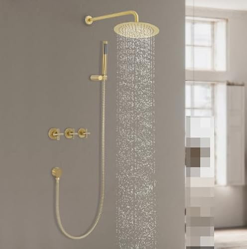 Duschsystem mit Thermostat Duschset Duschsäuleset mit 10 Zoll Regendusche Duschkopf und Handbrause, Antik Messing Duscharmatur Wandhalterung Dusch Kopfbrause
