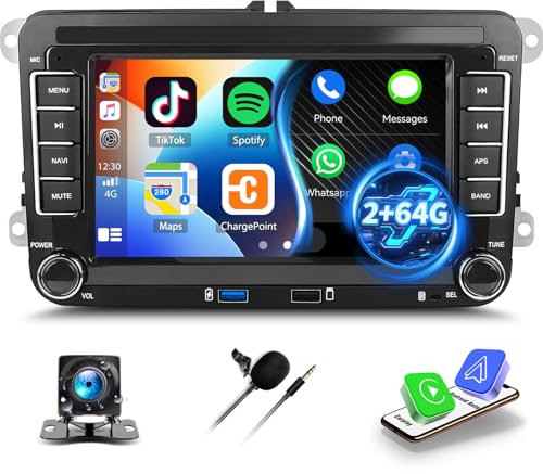 2+64G Android 13 Carplay Autoradio für VW Golf 5 6 Polo T5 Tiguan Passat Caddy Seat Skoda, 7“ Touchscreen Autoradio mit Android Auto GPS HiFi FM/RDS BT+Rückfahrkamera&Mic