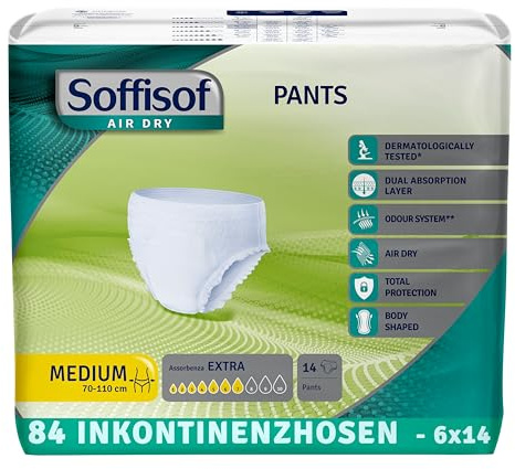 Soffisof Air Dry Pants Extra M - 84x Braga Pañal Adulto - 6 Paquetes de 14 Pañales Adultos Hombre y Mujer - Absorción Hasta 7 Gotas - Talla Medium (70-110 cm)