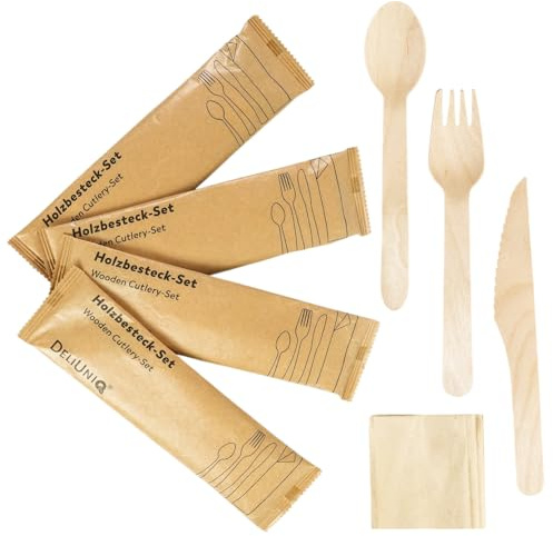 DeliUniq® 100 Holz-Besteckset – Gabel, Messer, Löffel & Serviette – umweltfreundliches nachhaltiges Besteck aus Birkenholz, Biologisch abbaubar, lebensmittelecht
