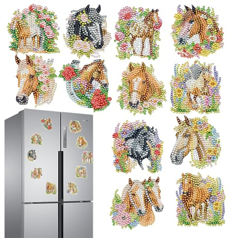 Kühlschrankmagnete mit Pferde-Motiv, Diamant-Kunstmagnete – 12 Stück, Tiermotive, Kühlschrankmagnet, Dekorationen, Basteln, Strasssteine, Kunst, Pferd, Geschenk für Kinder, Erwachsene, Anfänger, DIY