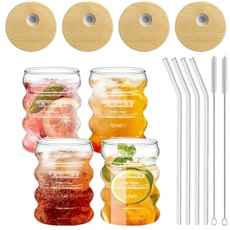Trinkgläser mit Deckel und Strohhalm 4er Set 300ml Cocktailglas Trinkbecher Set für Eiskaffee Limonade Cappuccino Bubble Tea Bier Smoothie Glas für Geburtstag Matcha Tassen