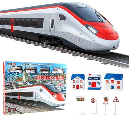 Koolbitz Toy Train, Electric Train Set for Kids 24Pcs - Battery Operated Rail Playset with Tracks, Tunnel, Station, Houses, Road Signs, High-Speed Engine Toy for Boys and Girls Age 3+ Years