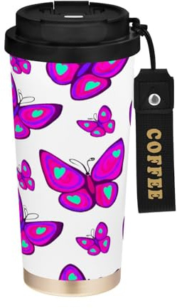 JUMBEAR Taza de viaje con aislamiento al vacío de mariposa, tazas de viaje reutilizables para café, taza de café de acero inoxidable de doble pared a prueba de fugas con tapa para bebidas frías y