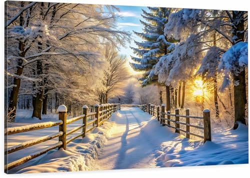 HUBDECO Leinwand Bilder Wohnzimmer - Bilder, Poster, Kunstdrucke - Leinwandbild - Bild auf Leinwand - Tolle Zimmerdekoration - Schlafzimmer Bilder - 120x80cm - Winterlandschaft Winter Pfad im Wald