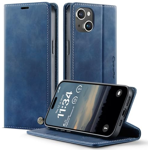 owlhold iPhone 13 hülle klapphülle Premium PU Leder, RFID Schutzhülle, Faltbare Ständer, Handytasche Lederhülle Kartenfach Standfunktion Handyhülle iPhone 13 - Blau