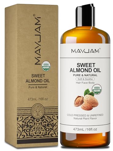 MAYJAM Süßes Mandelöl Bio 473ML, Körperöl Mandelöl Kaltgepresst Reines Natürliches Trägeröl für Haut Haare, Hautöl Reparatur und Pflege, USDA Organic Sweet Almond Oil für Massage