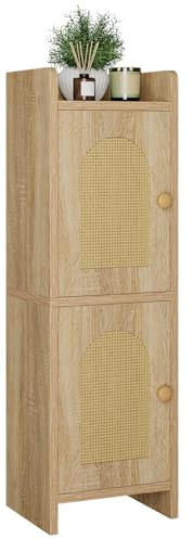 IBUYKE Small Bathroom Storage Cabinet Toilet Paper Storage Holder WBS001N | Floor Cabinet, Rattan Door, with Adjustable Shelves, Space-Saving Organizer for Toiletries