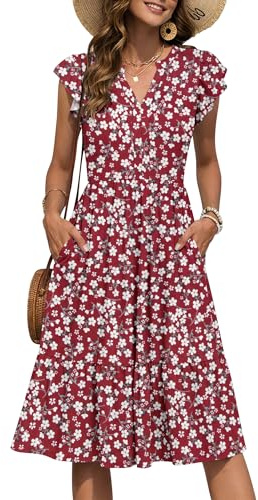 PLMOKEN Sommerkleid Damen Midi V-Ausschnitt Empire Elegant Kleider