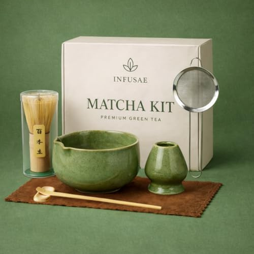 Matcha Whisk Set, 7-Piece Matcha Tea Kit – Green Ceramic Matcha Bowl (Chawan) with Spout, Bamboo Chasen & Scoop – Matcha Making Set for Latte, Gift for Matcha Lovers (Emerald Green)