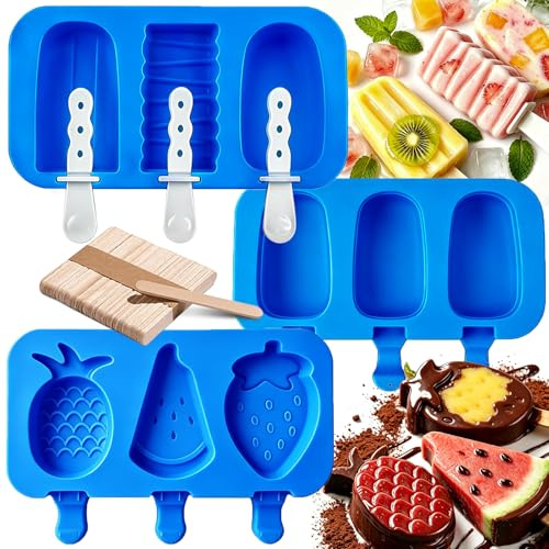 3 stampi per ghiaccio in silicone, stampo per gelato, per alimenti, gelato, frutta, dessert, Gelato senza BPA stampo per cioccolato,con 3 coperchi 50 bastoncini di legno