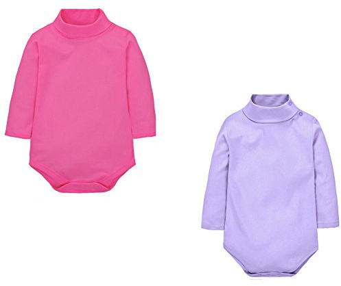 CuteOn Baby Bodysuit 2 Packs Unisex Baby Polo Neck Long Sleeve Cotton Romper Infant Bodysuits Vest Rose + Purple 24 Months
