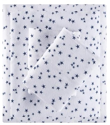 Intelligent Design Cozy Soft 100% Cotton Flannel Print Animals Stars Cute Warm, Ultra Soft Cold Weather Sheet Set Bedding, Full, Blue Stars 4 Piece