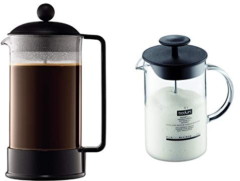Bodum 1548-01 BRAZIL Kaffeebereiter (French Press System, Permanent Edelstahl-Filter, 1,0 liters) schwarz & 1446-01 Milchschäumer mit Glasgriff Latteo, schwarz