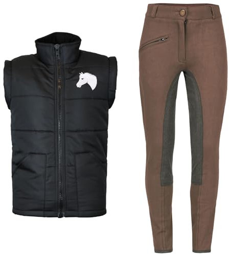 MS-Trachten Reitset Kinder Reitweste Mia schwarz gesteppt Fleecefutter mit brauner Reithose (122/128)