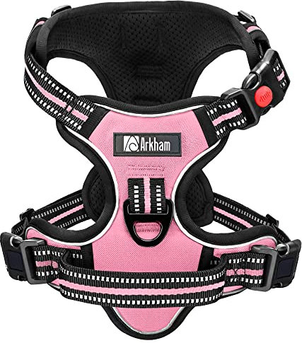 Hundegeschirr, ausbruchsicher, weich gepolstert, mit 2 Leinenclips, verstellbar, reflektierend, mit einfachem Griff für große Hunde (Pink, L)